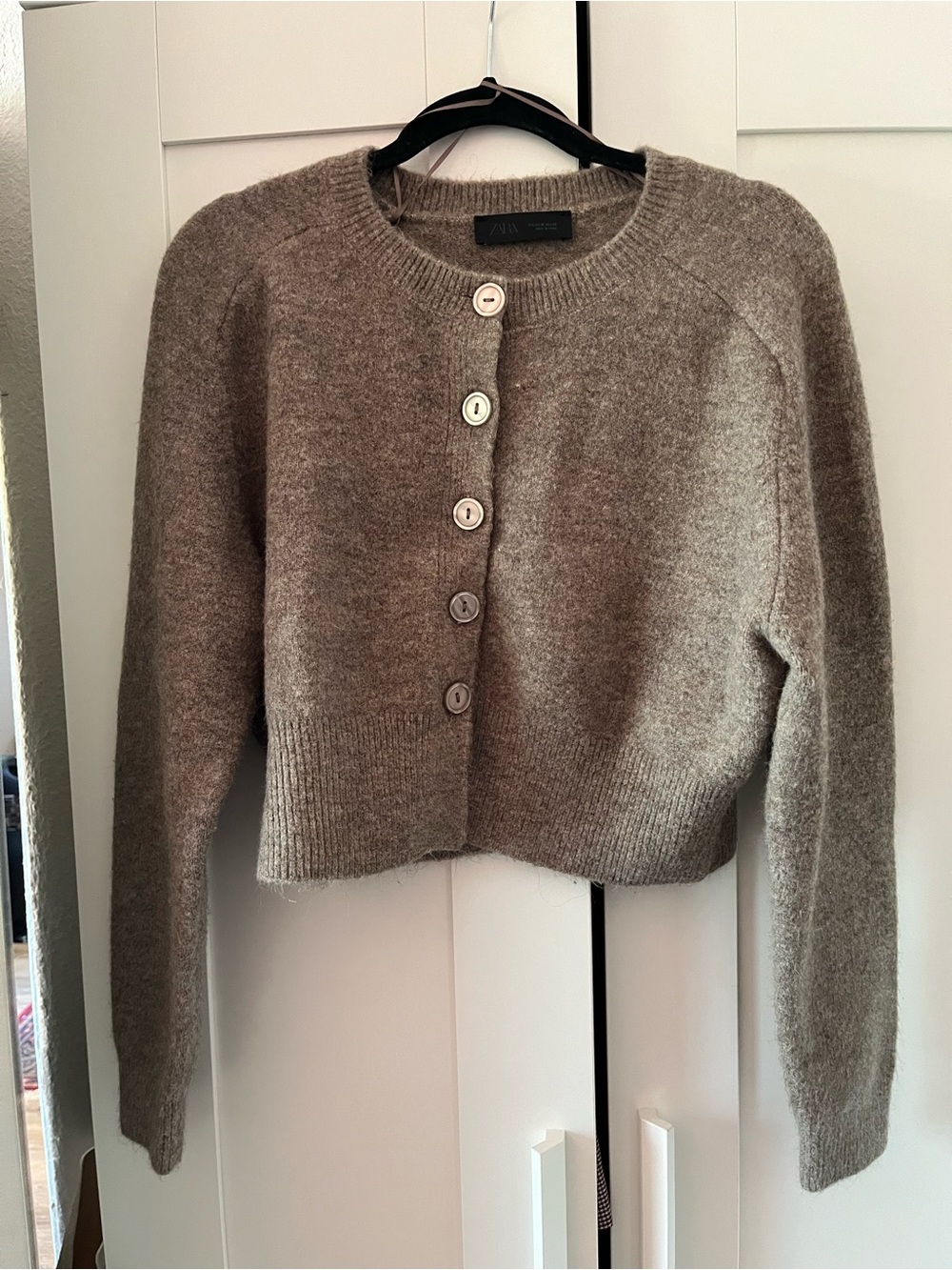 Zara Taupe Cropped Button-Front Cardigan